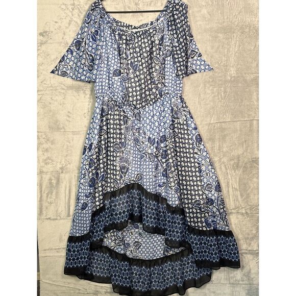 Nine West Blue Floral Off the Shoulder High Low Flowy Fully Lined Dress Size 18 - Picture 1 of 11